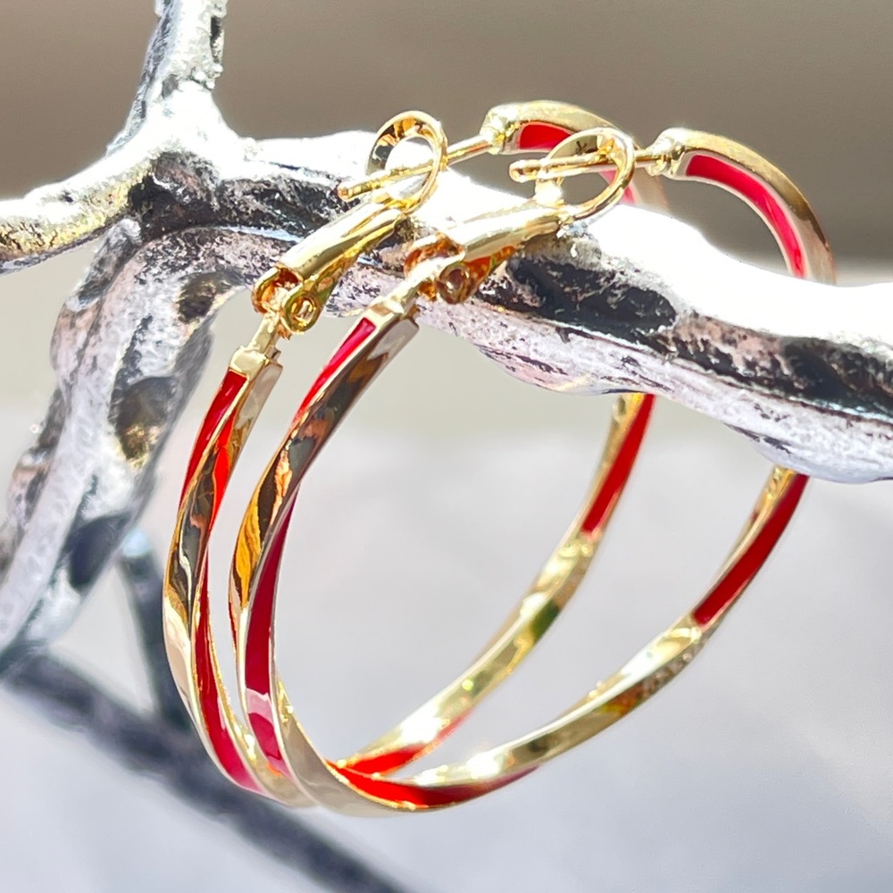 Bohemian Style Gold Plated Twisted Oil Drop Thin Big Hoop Earrings‎ 1.7in Diam